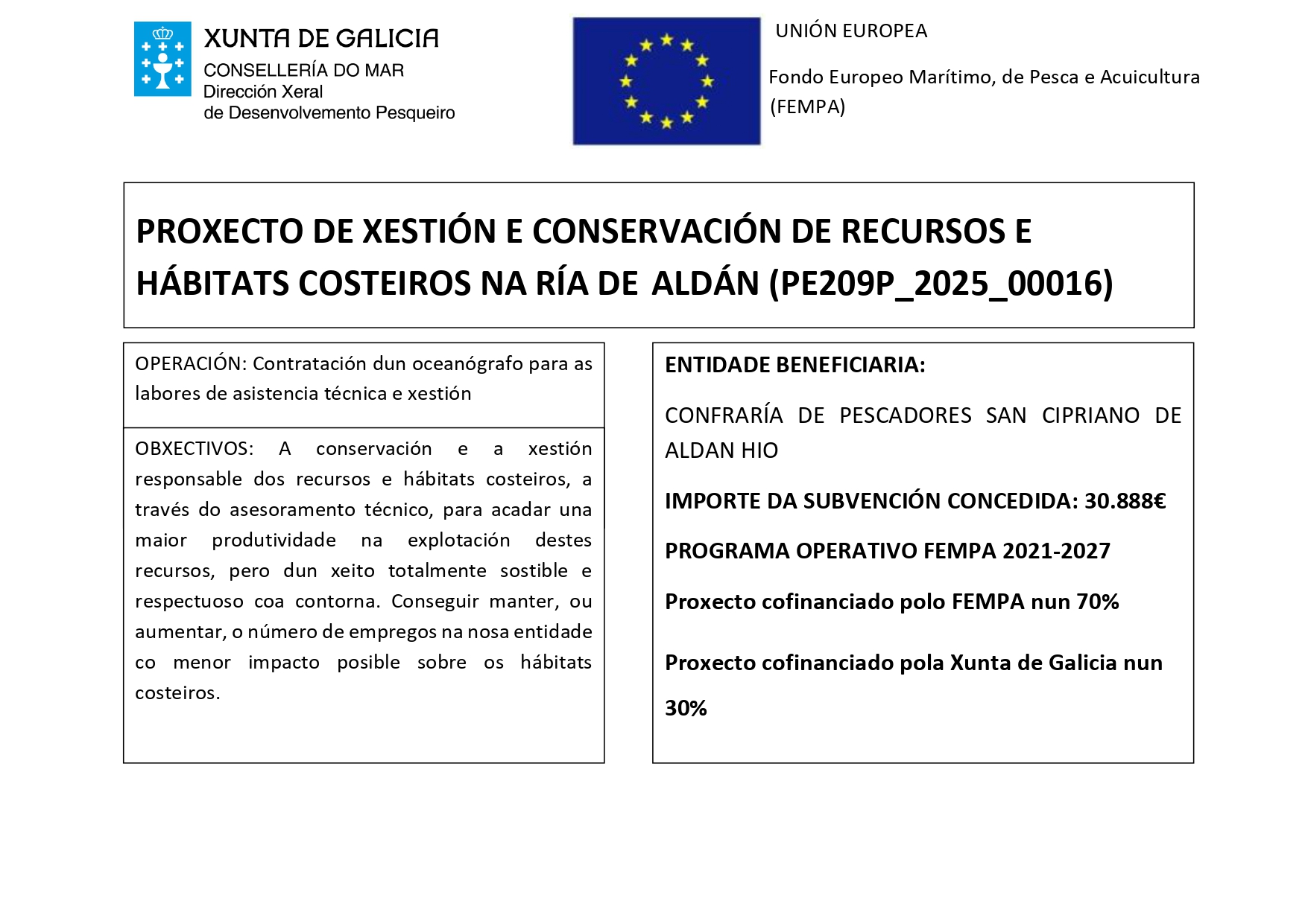 XESTIÓN E CONSERVACIÓN DE RECURSOS E HÁBITATS COSTEIROS NA RÍA DE ALDÁN