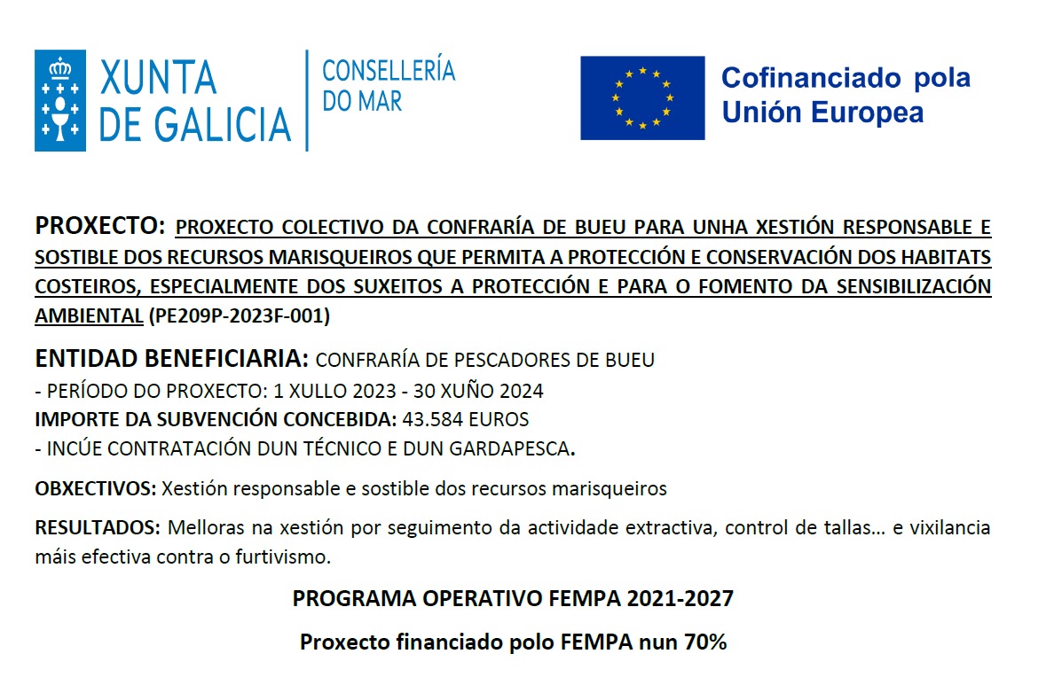 PROXECTO COLECTIVO DA CONFRARÍA DE BUEU PARA UNHA XESTIÓN RESPONSABLE E SOSTIBLE DOS RECURSOS MARISQUEIROS QUE PERMITA A PROTECCIÓN E CONSERVACIÓN DOS HABITATS COSTEIROS, ESPECIALMENTE DOS SUXEITOS A PROTECCIÓN E PARA O FOMENTO DA SENSIBILIZACIÓN AMBIENTA