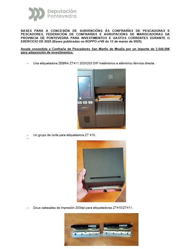 Axuda concedida a Confraría de Pescadores San Martín de Moaña