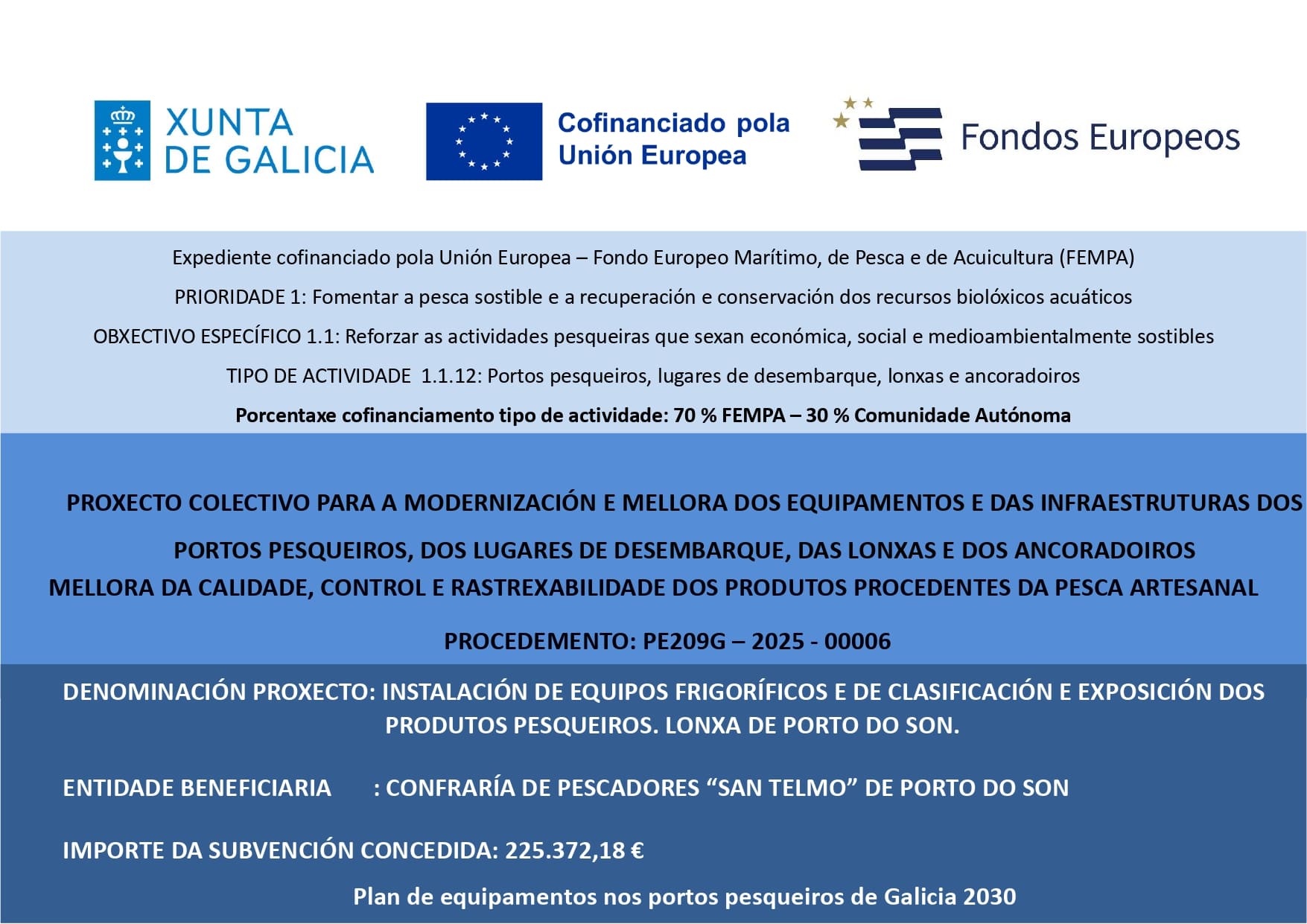 INSTALACIÓN DE EQUIPOS FRIGORÍFICOS E DE CLASIFICACIÓN E EXPOSICIÓN DOS PRODUTOS PESQUEIROS. LONXA DE PORTO DO SON. 