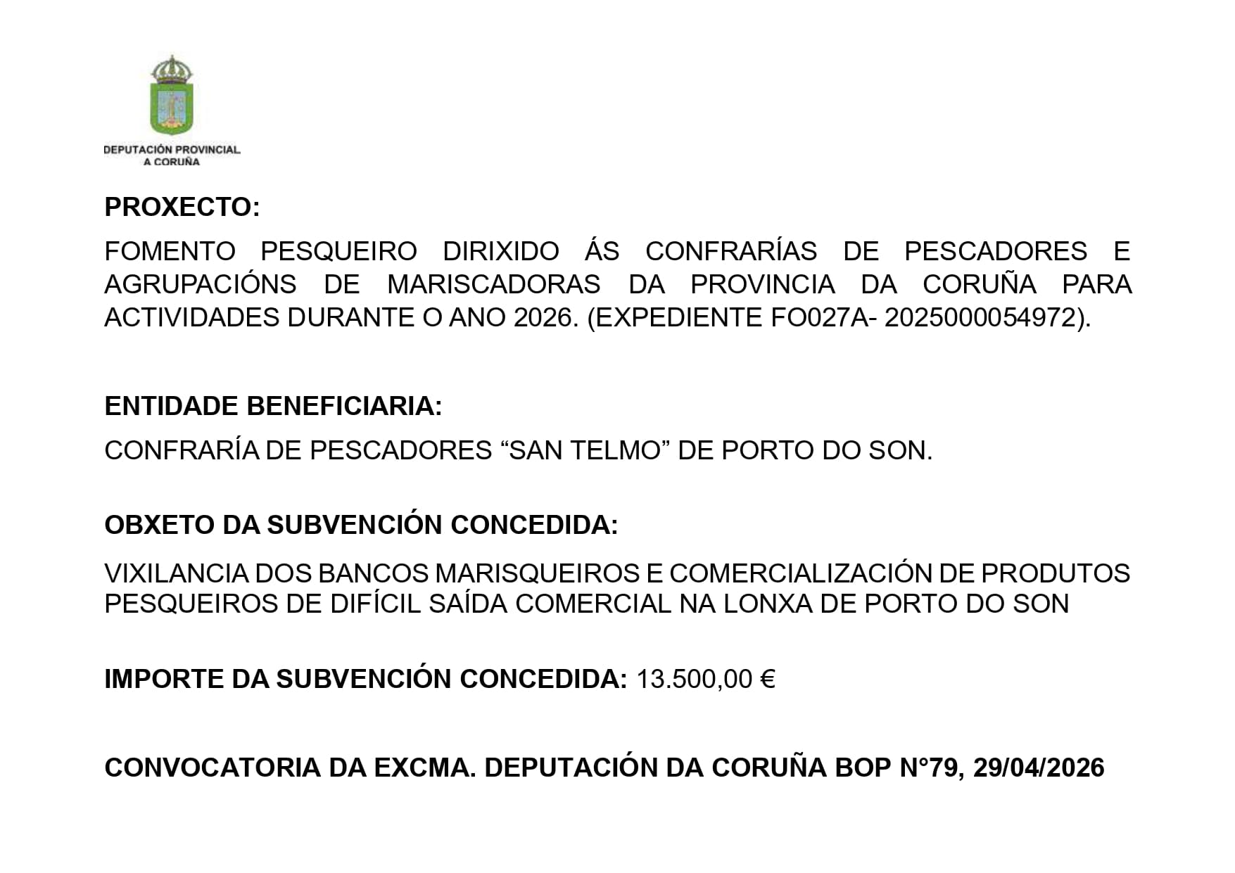 AXUDA FOMENTO PESQUEIRO DIPUTACIÓN A CORUÑA 2026