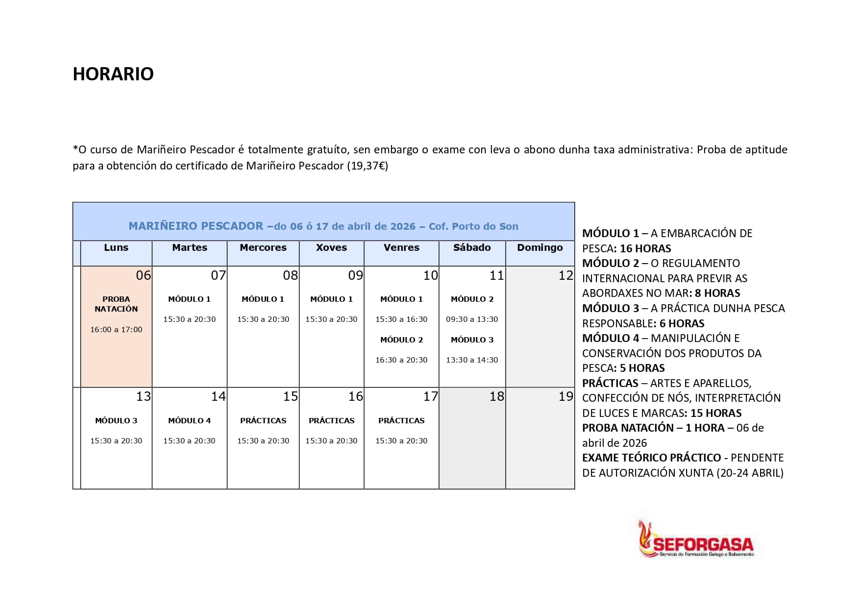 HORARIO MARIÑEIRO PESCADOR