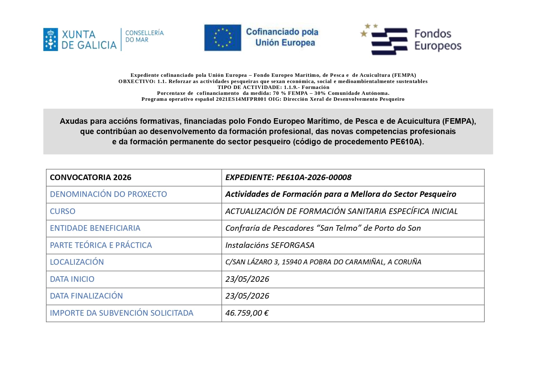ACTUALIZACIÓN DA FORMACIÓN SANITARIA ESPECÍFICA INICIAL