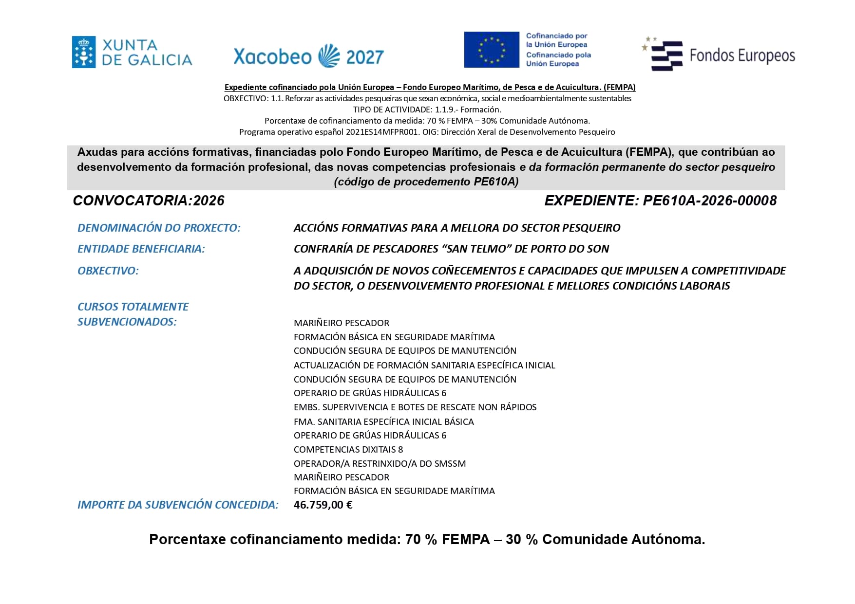 ACCIÓNS FORMATIVAS PARA A MELLORA DO SECTOR PESQUEIRO