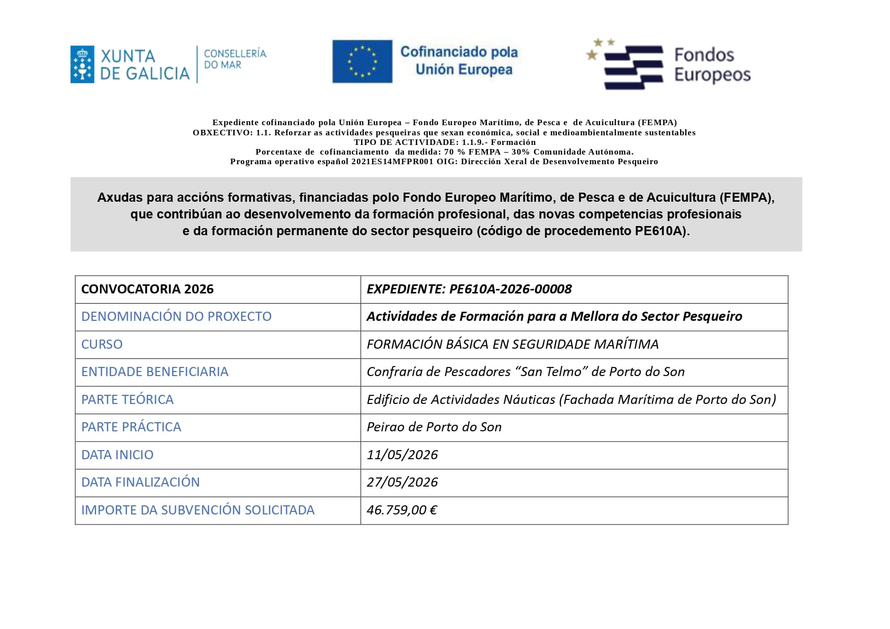 CARTEL INFORMATIVO CURSO FORMACIÓN BÁSICA EN SEGURIDADE MARÍTIMA