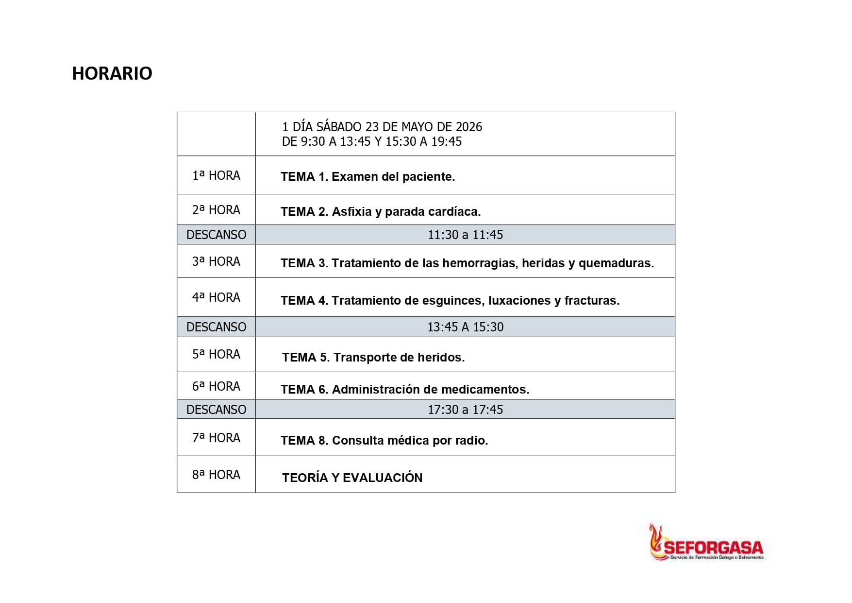 HORARIO DO CURSO
