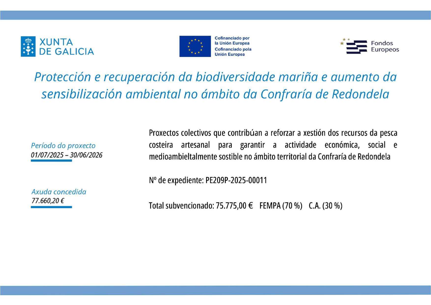 AXUDA PARA A PROTECCIÓN E RECUPERACIÓN DA BIODIVERSIDADE MARIÑA E AUMENTO DA SENSIBILIZACIÓN AMBIENTAL NO ÁMBITO DA CONFRARÍA DE REDONDELA