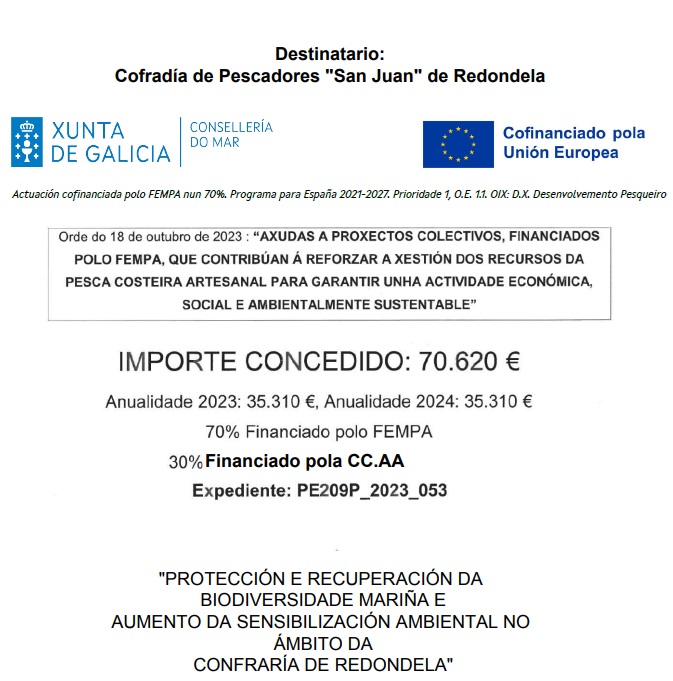 Destinatario: Cofradía de Pescadores "San Juan" de Redondela