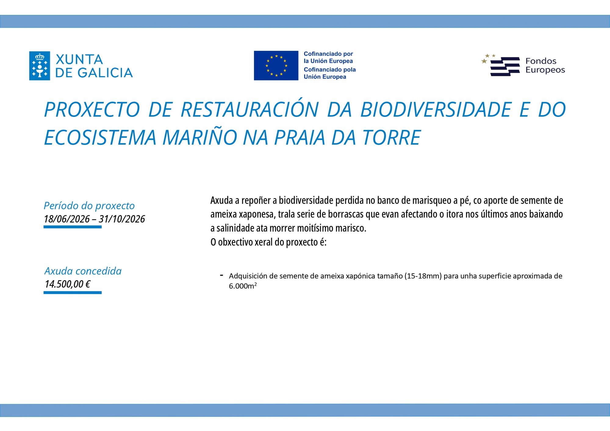 CARTEL PROXECTO RESTAURACION BIODIVERSIDADE E ECOSISTEMA MARIÑO PRAIA DA TORRE