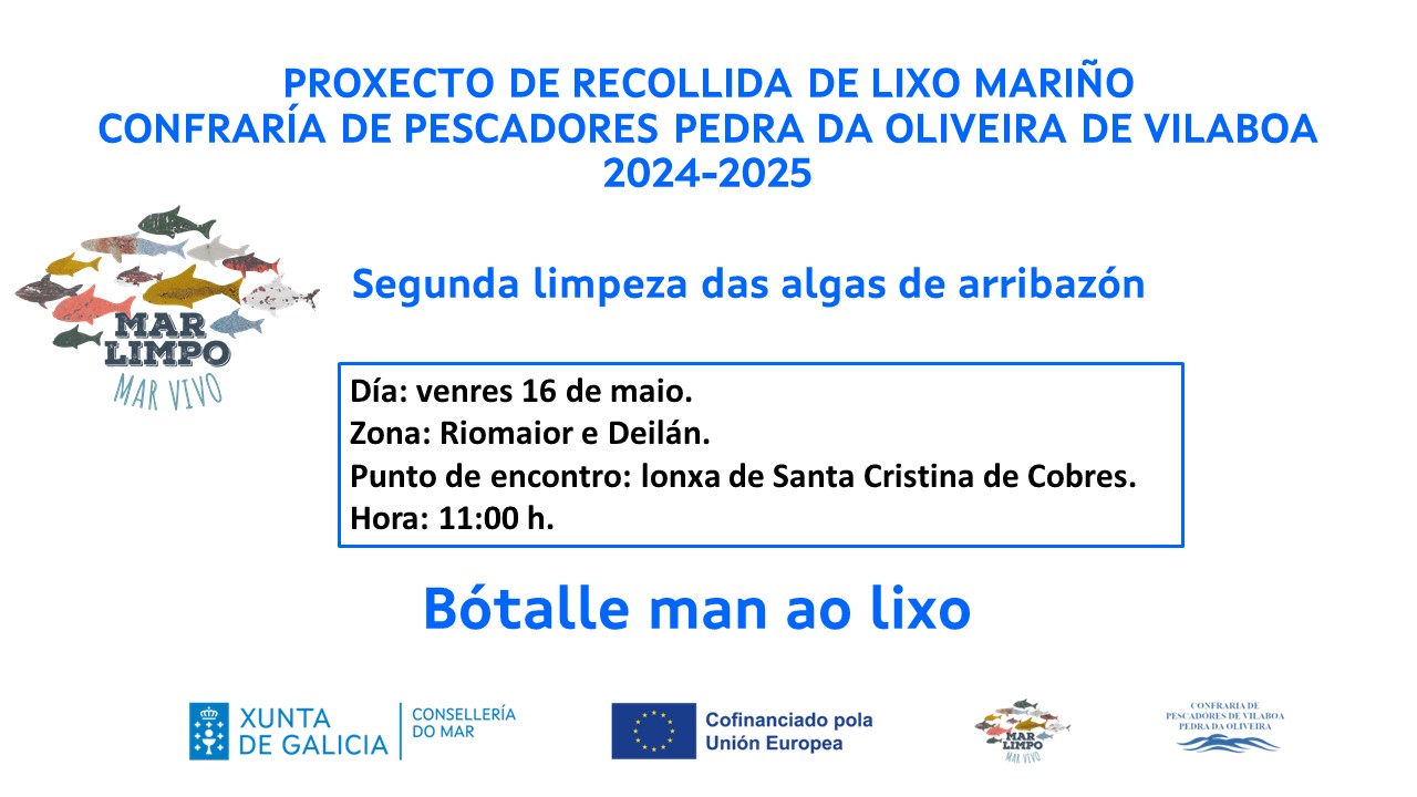 Se informa a todas las personas participantes en el proyecto de basura marina que el 16 de mayo se realizará la segunda de las limpiezas de algas de arribazón.