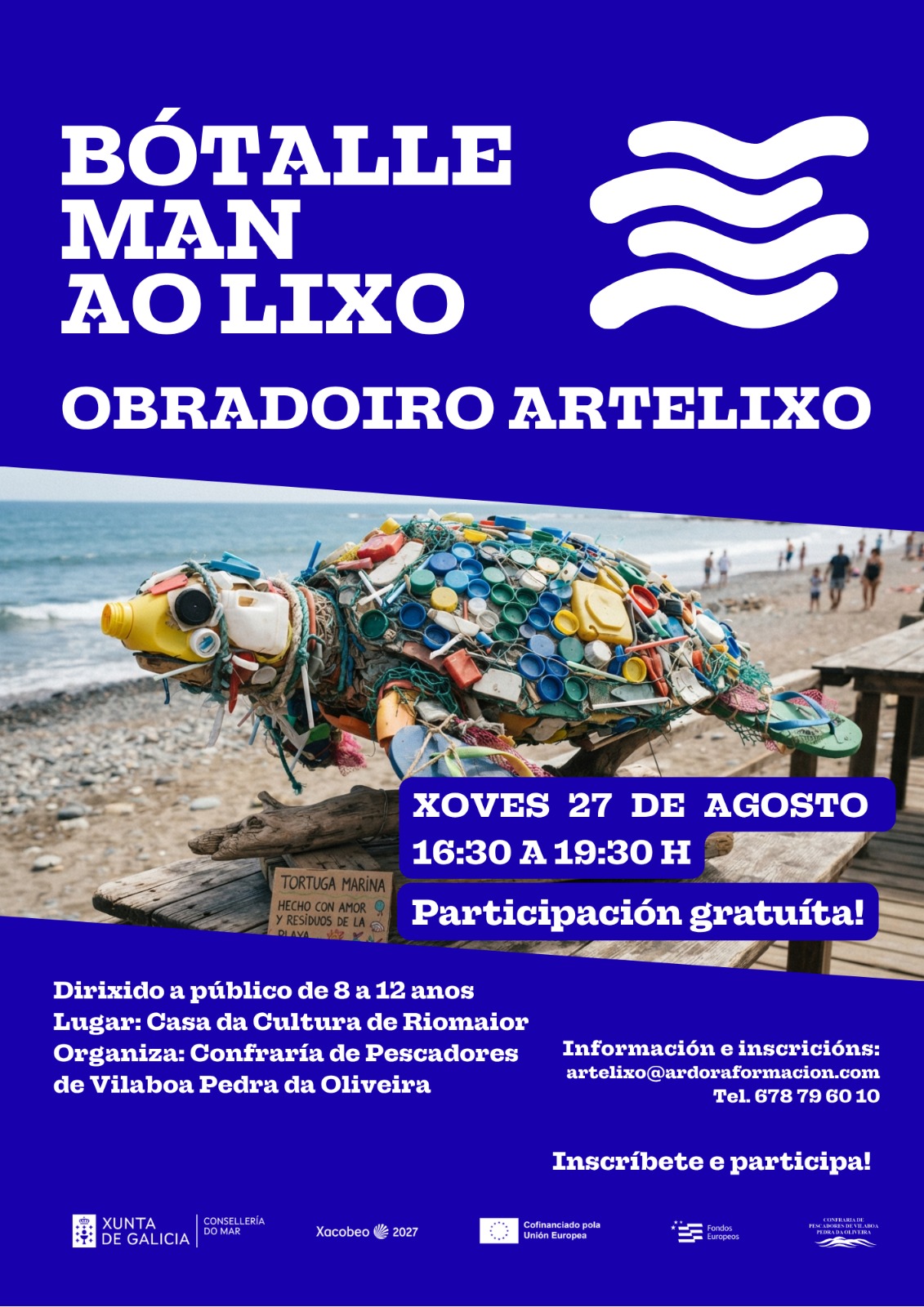 O 27 de agosto celébrase na casa da cultura de Riomaior un obradoiro de Artelixo con lixo mariño e residuos domésticos. Poden participar nenas e nenos entre 8 e 12 anos.