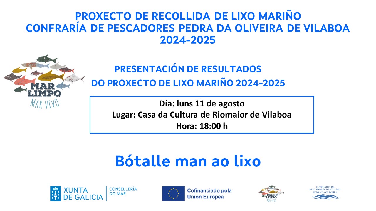 El lunes 11 de agosto a las 18h, en la Casa de la Cultura de Riomaior de Vilaboa, se presentarán los resultados de las limpiezas de basuras marinas y algas de arribazón realizadas en el período 2024-2025.